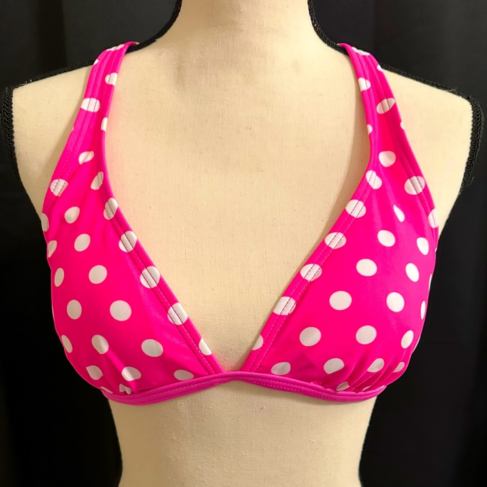NWOT Pink and White Polka Dot Bikini Top, Size L